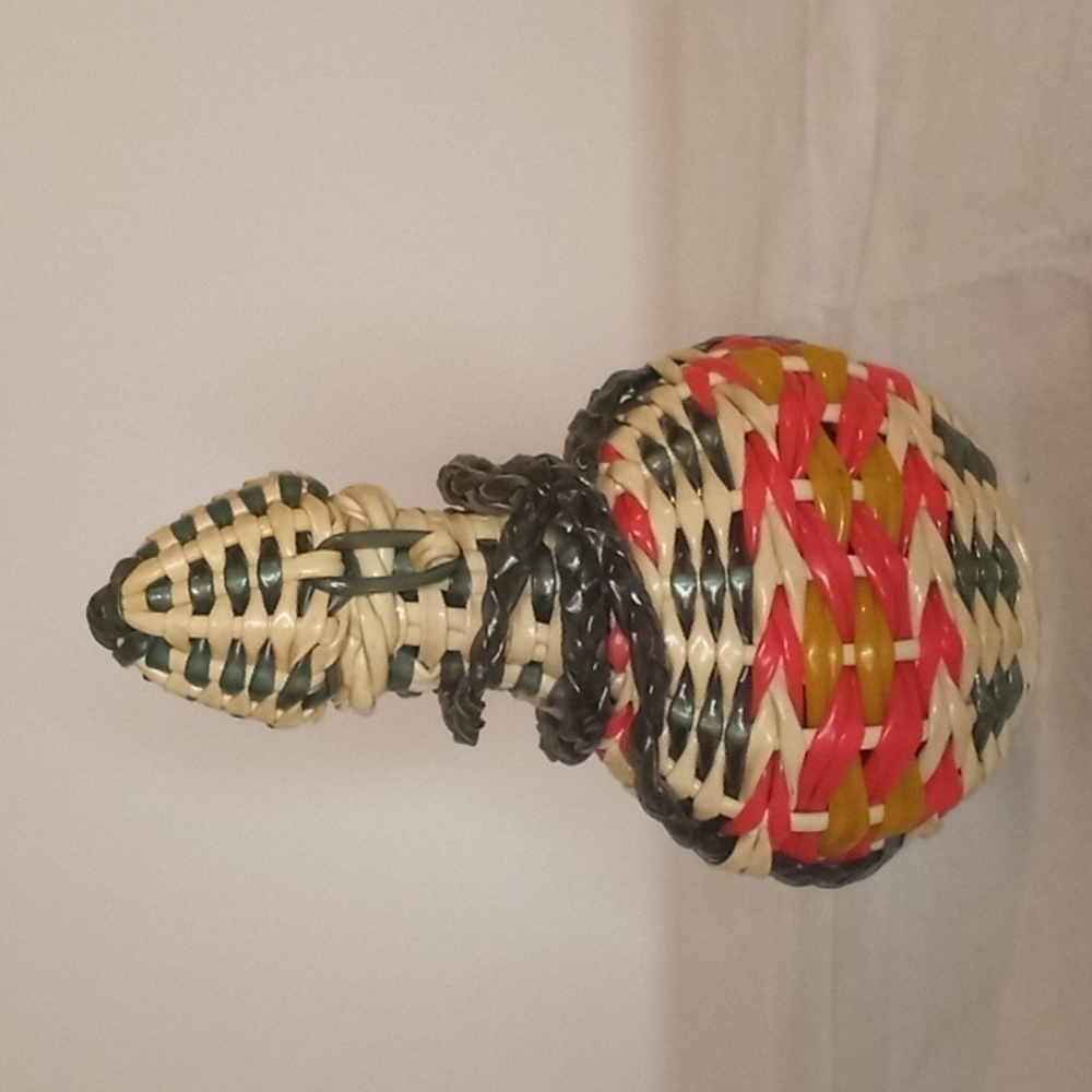 Rare Vintage Woven Plastic Wicker Wrapped Green Glass Decanter